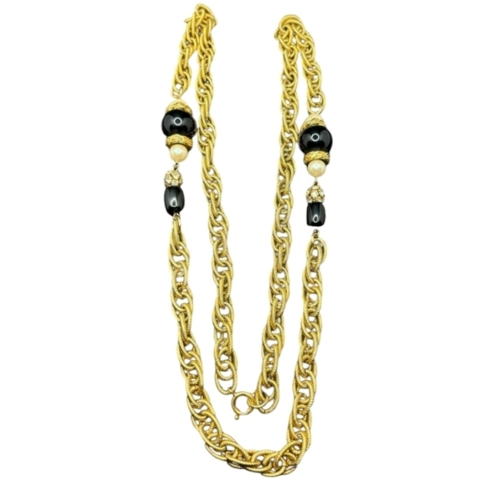Vintage Gold Tone Faux Pearls Black Balls Rhinestones Chain Necklace - Picture 2 of 7